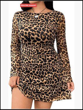 Plus Size Leopard Print Mini Bodycon Dress Long Sleeve Backless Y2K Party